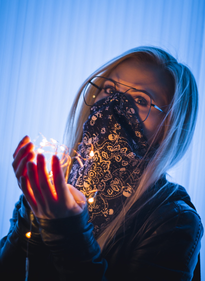 glowing, portrait, blue, hairstyle, lights, adult, modelglasses, hair, lifestyles, human body part, night, united states, girl female, night life, mask