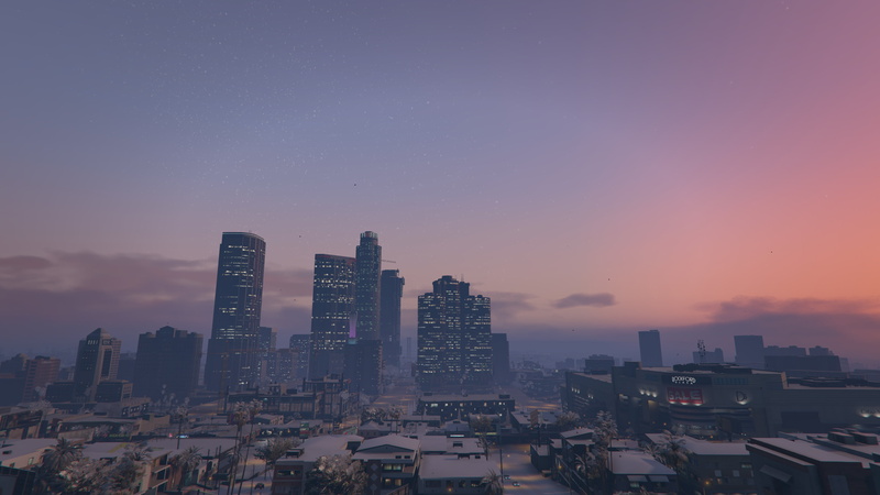 Grand Theft Auto V, 4K, construction site, Los Santos, snow, Los Angeles, building, clouds, sunset