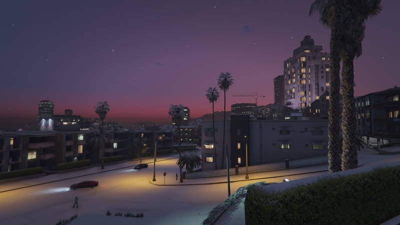 night sky, stars, palm trees, cranes (machine), Grand Theft Auto V, car, Los Santos, snow, sunset, 4K