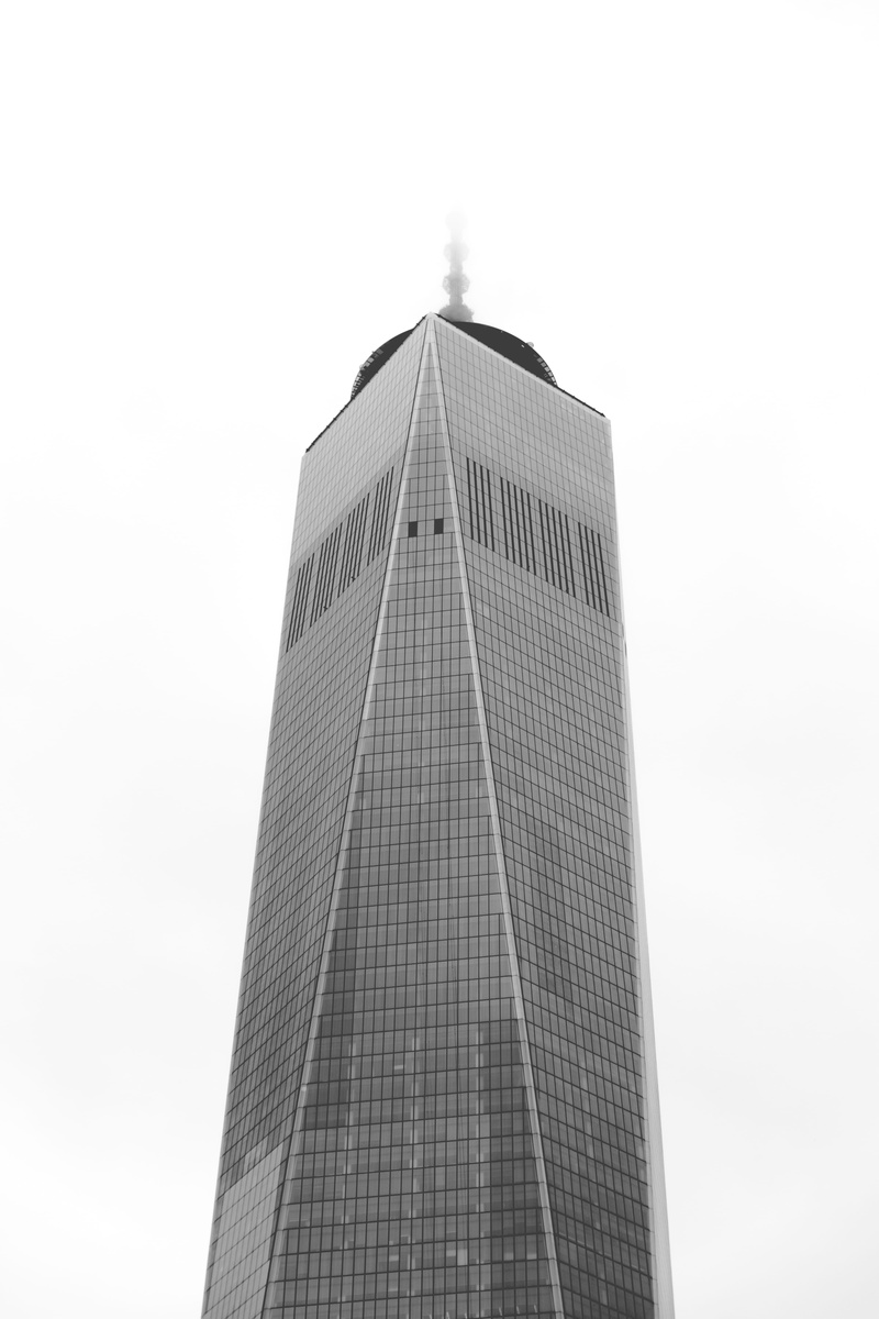 built structure, sky, fog, low angle view, skyscraper, tower, tall - high, office building exterior, clear sky, financial district, one world trade center