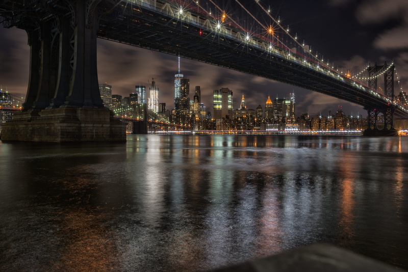architecture, east river, downtown, near, new, reflection, night, office building exterior, nighttime, bridge, city, bridge - man made structure, new york