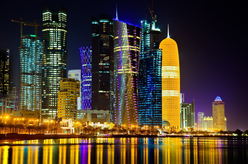 financial district, illuminated, architecture, skyscraper, downtown district, night, sky, doha, 4K, built structure, urban skyline, cityscape, city, travel destinations