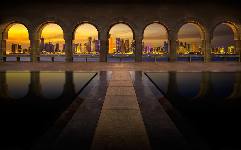 architectural column, reflections, arch, dohaqatar, 4K, building, day, water, urban, sky, brown, colonnade, architecture, highdynamicrange, photography