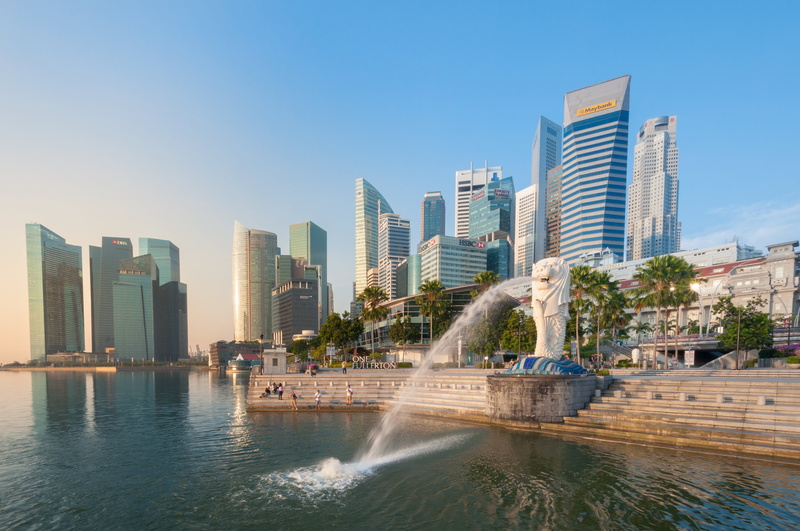 water, Merlion Fountain, Marina Bay, built structure, sky, city, building, fountain, skyscraper, urban skyline, architecture, merlion, ladder, cityscape