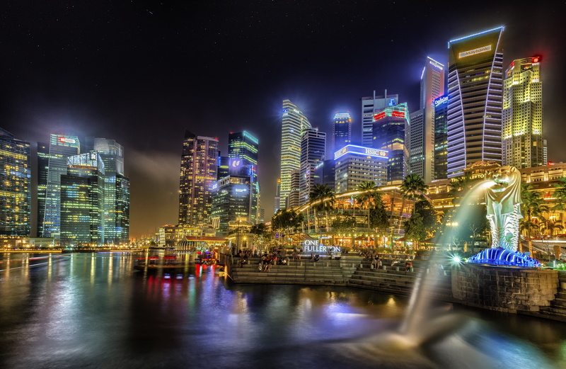 illustration, 4K, city, singapore, lights, merlion