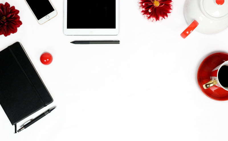 white background, Pencil, white color, Notebook, reddahlia, technology, directly above, Dahlia, Computers, red, clock, tablet, Coffee, laptop, copy space