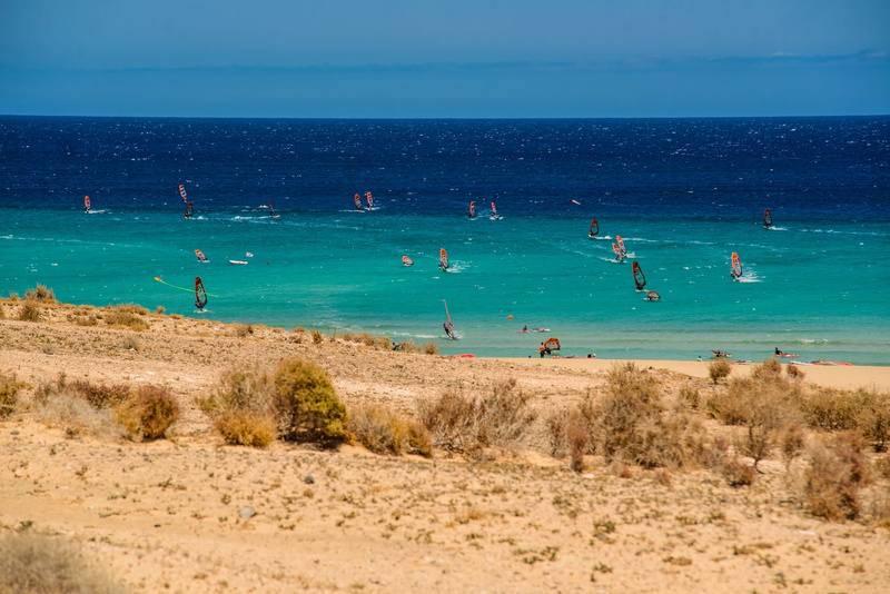 beauty in nature, large group of people, horizon, nature, vacations, beach, wind, sky, land, day, crowd, fuerteventura, windsurfing, blue, trip, tranquility
