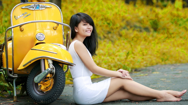 portrait, hair, adult, outdoors, sleeveless, beauty, Vespa, sitting, young adult, fashion, 1080P, hairstyle, transportation, white, s, looking at camera