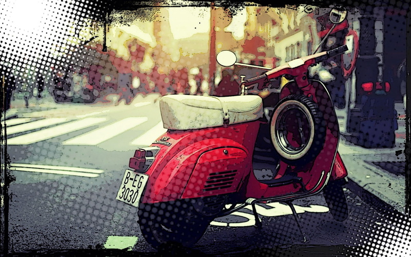 artwork, stationary, security, safety, scooter, city, no people, transfer print, Vespa, vehicle, land vehicle, road, auto post production filter, italian