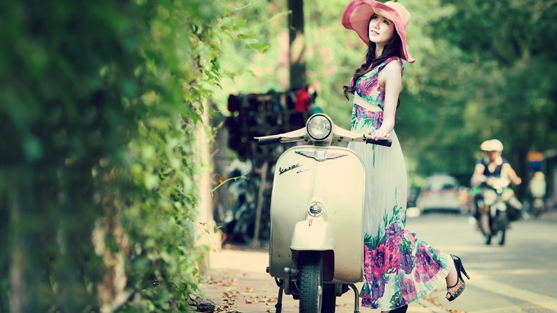 spring, day, selective focus, lifestyles, transportation, plant, vespa, women, casual clothing, hat, floral, girl, vintage, pink, hairstyle, 1080P, beautiful