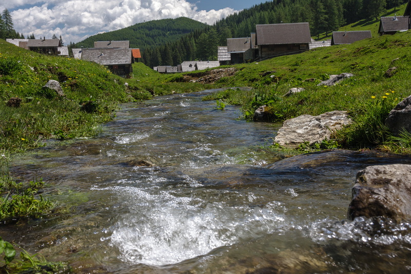 carinthia, beauty in nature, austria, scenics - nature, alm, tree, stream - flowing water, river, built structure, mountains, motion, no people, 4K, plant