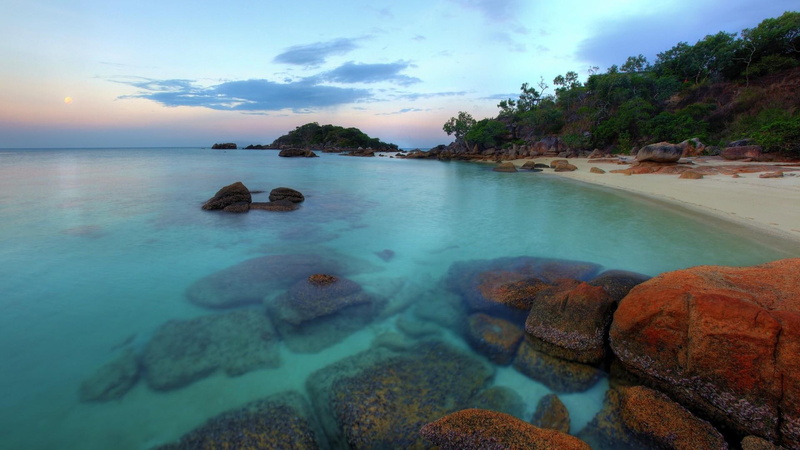 sundown, sunset, stones, australia, bach, nature and landscapes, nice, 1080P, trees, beach, clear water