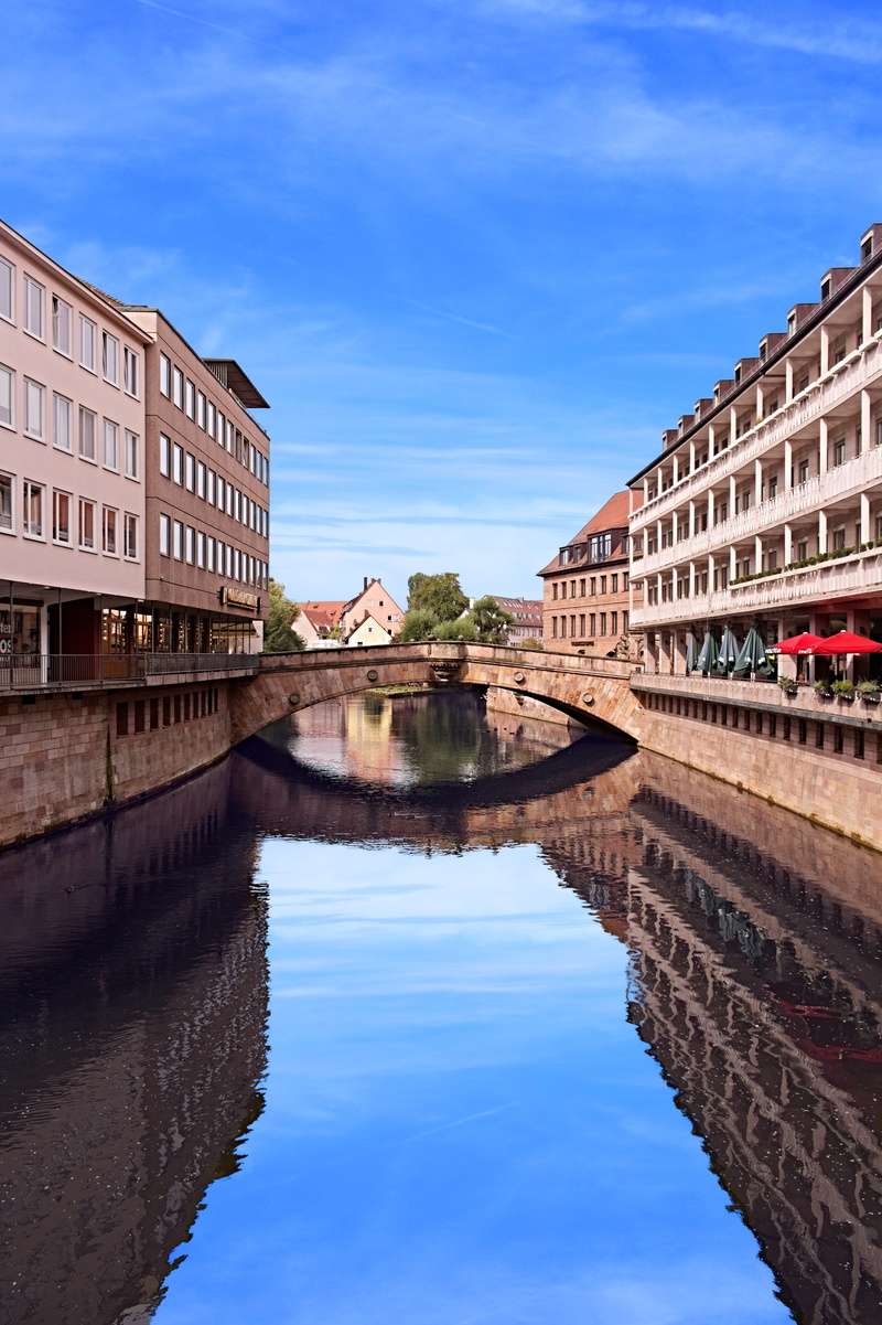 built structure, blue, building exterior, reflection, sky, 5K, river, architecture, city, arch bridge, bridge - man made structure, bach, nuremberg, no people