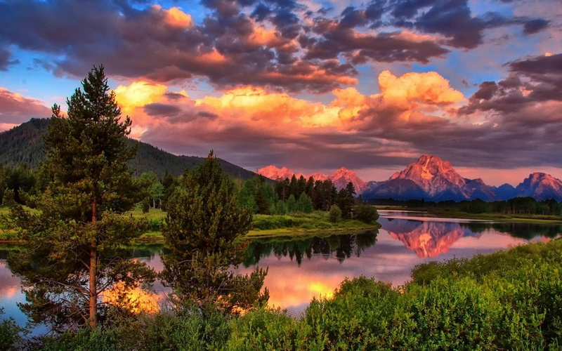 idyllic, no people, tranquil scene, body, tranquility, leafed, clouds, orange color, outdoors, sunset, nature, river, green, reflection, lake, remote, 1080P