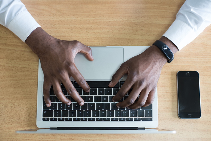 using laptop, computer equipment, desk, connection, cell phone, electronic, office, human hand, communication, 5K, keyboard, workplace, modern, hand, smartphone