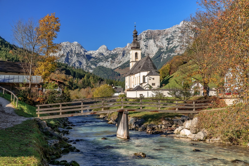 Church, river, Bavaria, autumn, Germany, bridge, Bavarian Alps, The Bavarian Alps, 1080P, Bayern, Ramsau, St Sebastian Church, mountains, trees, the Ramsauer ache river Axe