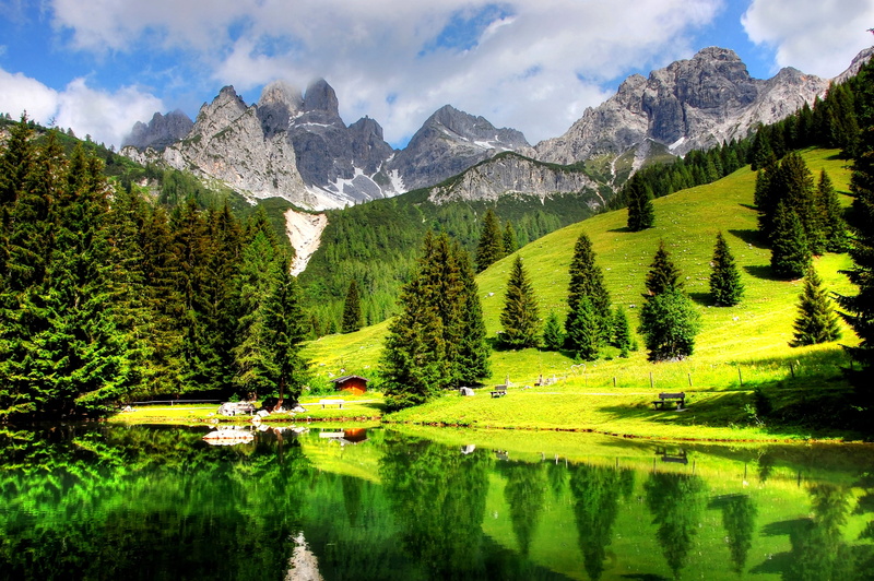 landscape, plant, mountain panorama, nature, tranquility, bischofsmütze, clouds, 2K, lake, near, trees, sky, meadow, cloud - sky, tree, mountain meadow