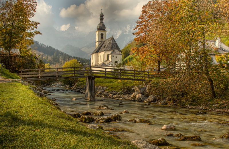 no people, mood, bavaria, berchtesgaden, belief, landmark, autumn, tourist attraction, ramsau, christen, plant, tree, germany, mountains, outdoors, water