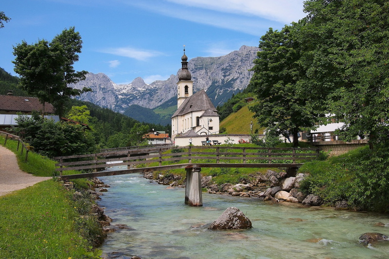 mountains, plant, Church, building, Ramsau, place of worship, day, belief, architecture, Bavaria, Bayern, water, Alps, St Sebastian Church, river, 1080P