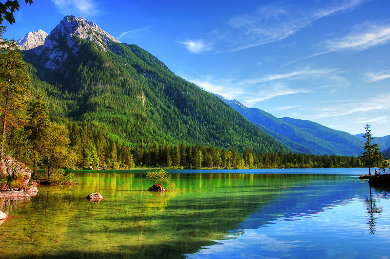 day, adventure, sky, summit, 2K, holiday, berchtesgaden, reflection, berchtesgaden alps, clouds, lake, hintersee, green color, green mountain, idyllic