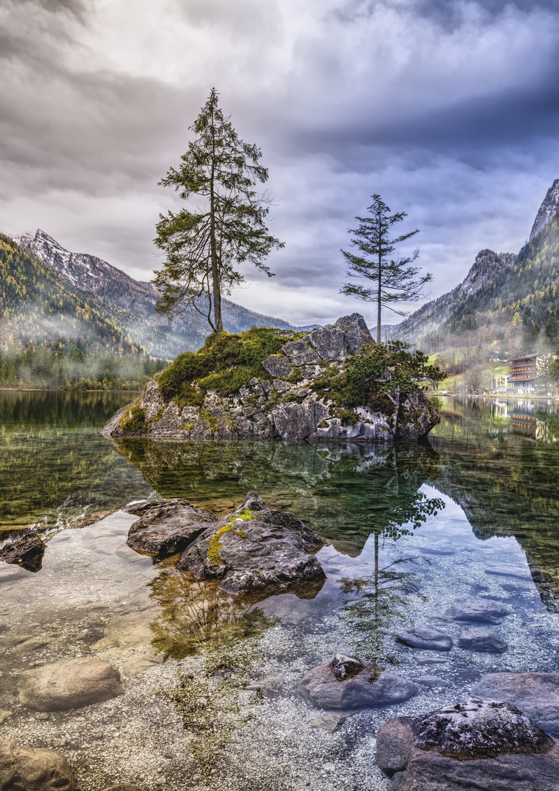 daytime, outdoors, 8K, bavaria, plant, flowing water, hintersee, rock - object, lake view, cloud - sky, cloudy, reflections, trees, green, growth, flowing