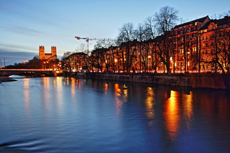 night photograph, river, bavaria, landscape, sky, building, isar, st maximilian, germany, bridge, upper bavaria, built structure, romantic, illuminated