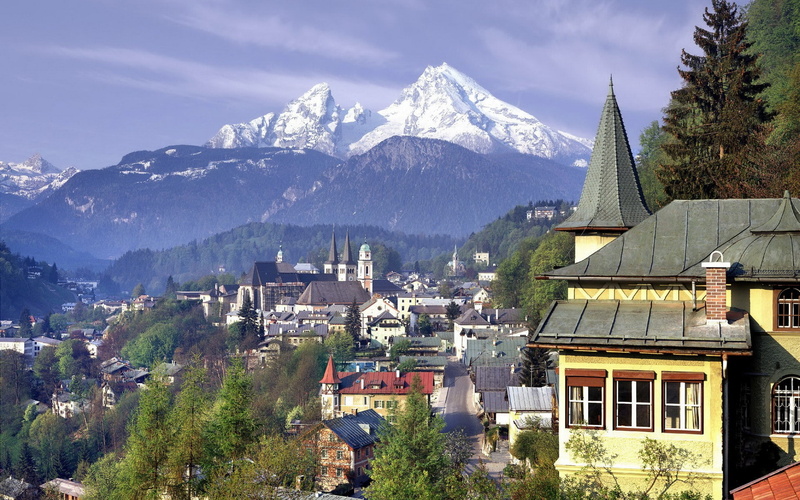 landscape, house, Germany, tree, mountain range, Watzmann, place of worship, town, plant, fall, residential district, building, mountain, townscape, built structure