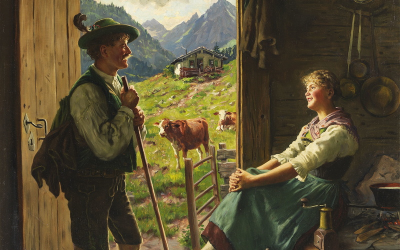 1880, Emil Rau, 2K, Visit on the Alm, German painter, A visit to the pasture