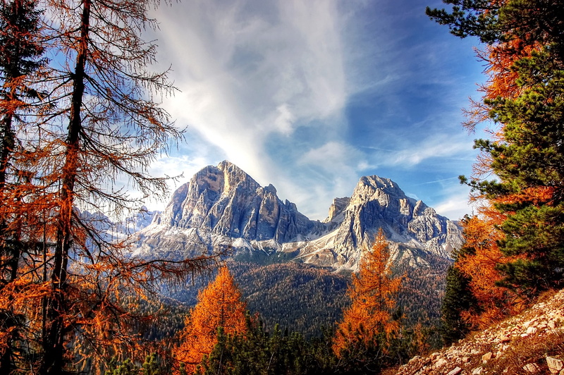 autumn, alpine panorama, mountain world, panorama, 2K, outdoors, scenics - nature, blue, mountain landscape, hiking, landscape, non-urban scene, tofana