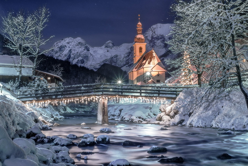 lighting, Watzmann, snow, 1080P, nature, Germany, river, the bridge, stars, the sky, night, Church, Alps, mountains, Berchtesgaden, winter, landscape