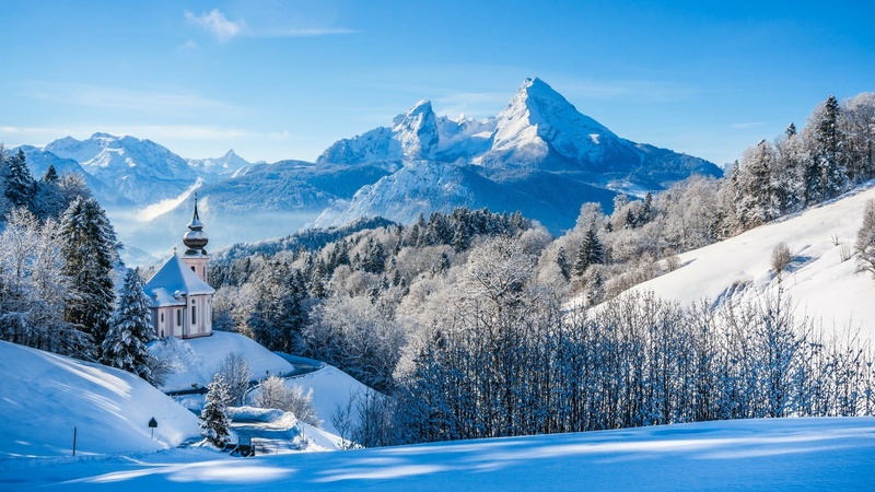wallfahrtskirche maria gern, church, tree, bavaria, scenics - nature, mountain, berchtesgaden, beauty in nature, landscape, snow, building, tranquil scene