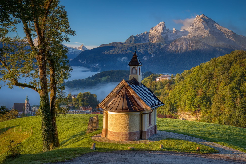 mountains, chapel, Watzmann, Alps, track, landscape, Germany, nature, Berchtesgaden, 1080P