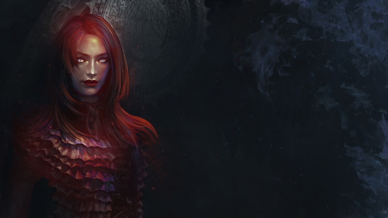 copy space, hair, looking at camera, portrait, video games, teenager, front view, indoors, artwork, adult, young women, black background, one person, Path Of Exile
