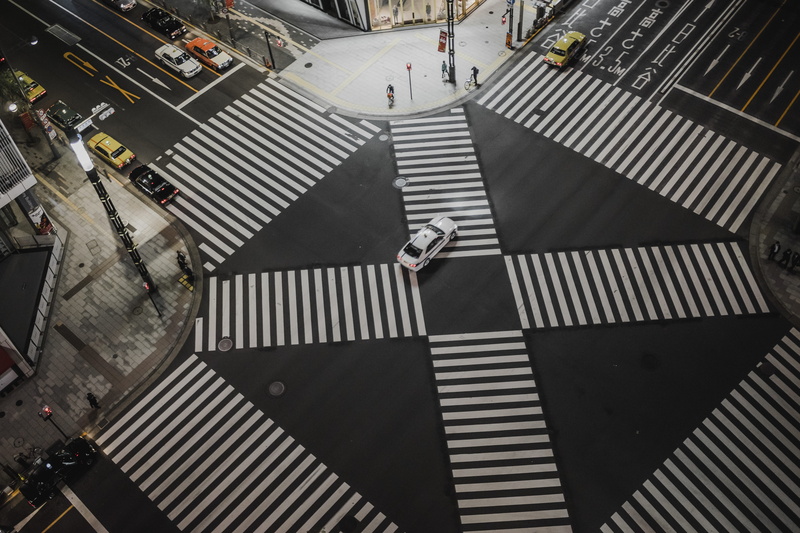 high angle view, sidewalk, ginza, road, architecture, building exterior, stripe, incidental people, lane, 5K, city, road marking, steps and staircases