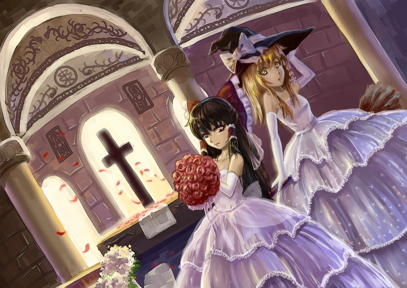 Yuugyou You, the fluffy skirt, broom, wedding dress, gloves elbow, the altar, Project East, Touhou Project, 2K, bride, Church, art, cross, Marisa Kirisame