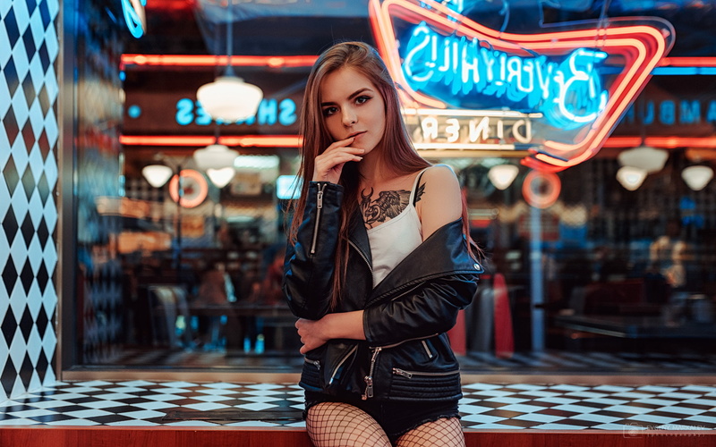 Vasilisa Sarovskaya, hand on face, neon lights, Evgeny Markalev, 1080P, hot pants, brunette, leather jackets, looking at viewer, white tops, women, tattoo
