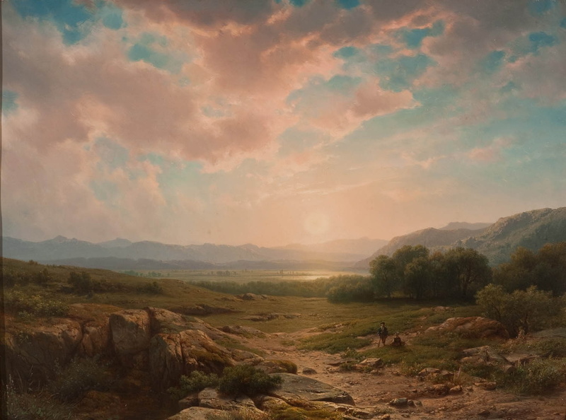clouds, painting, 720P, pastoral, Sun, rock, classic art, mountains