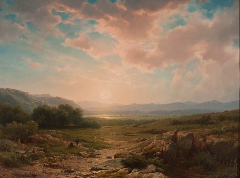 720P, painting, Classic Art, pastoral, rock, clouds, sun, mountain