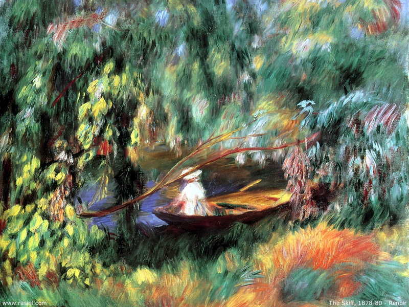 beauty in nature, blurred motion, nature, painting, no people, boat, reflection, green color, tree, outdoors, Pierre-Auguste Renoir, plant, waterfront