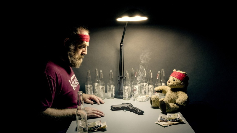 gun, headband, 1080P, bottles, humor, alcohol, money, The Deer Hunter, men, parody, smoke, teddy bears, lamp, russian roulette, digital art