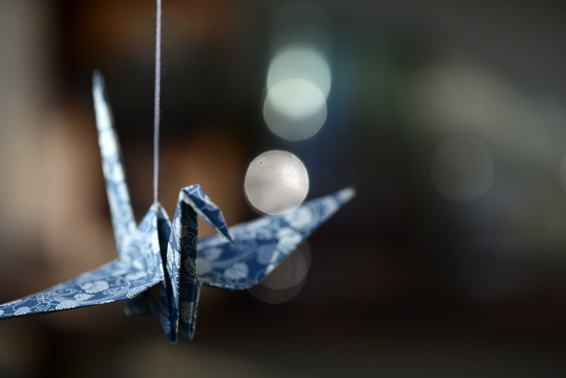 blue, focus on foreground, paper, japanese, day, selective focus, outdoors, winter, air, culture, handmade, nature, plant, clothing, lucky charm, 3 dimensional