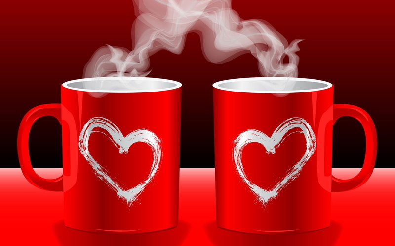 coffe, cups, 1080P, ceramic, love, tea, mugs, smoke, red, pair, heart