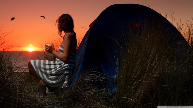 1080P, beautiful, birds, coffe, nature and landscapes, campout, girl, sunset, sunset beach, tent, beach