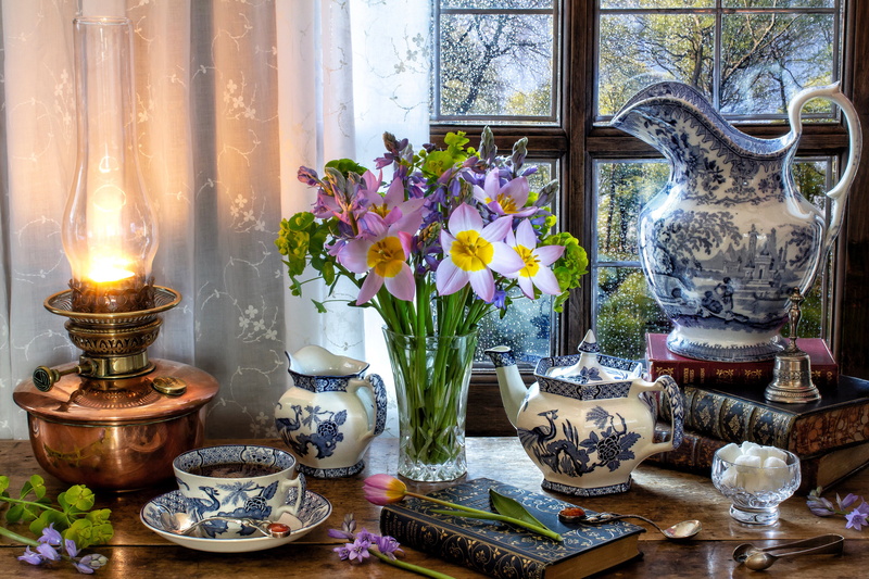 Vase, Still Life, Book, 4K, Kerosene Lamp, Teacup, Teapot, Photography, Window, Flower