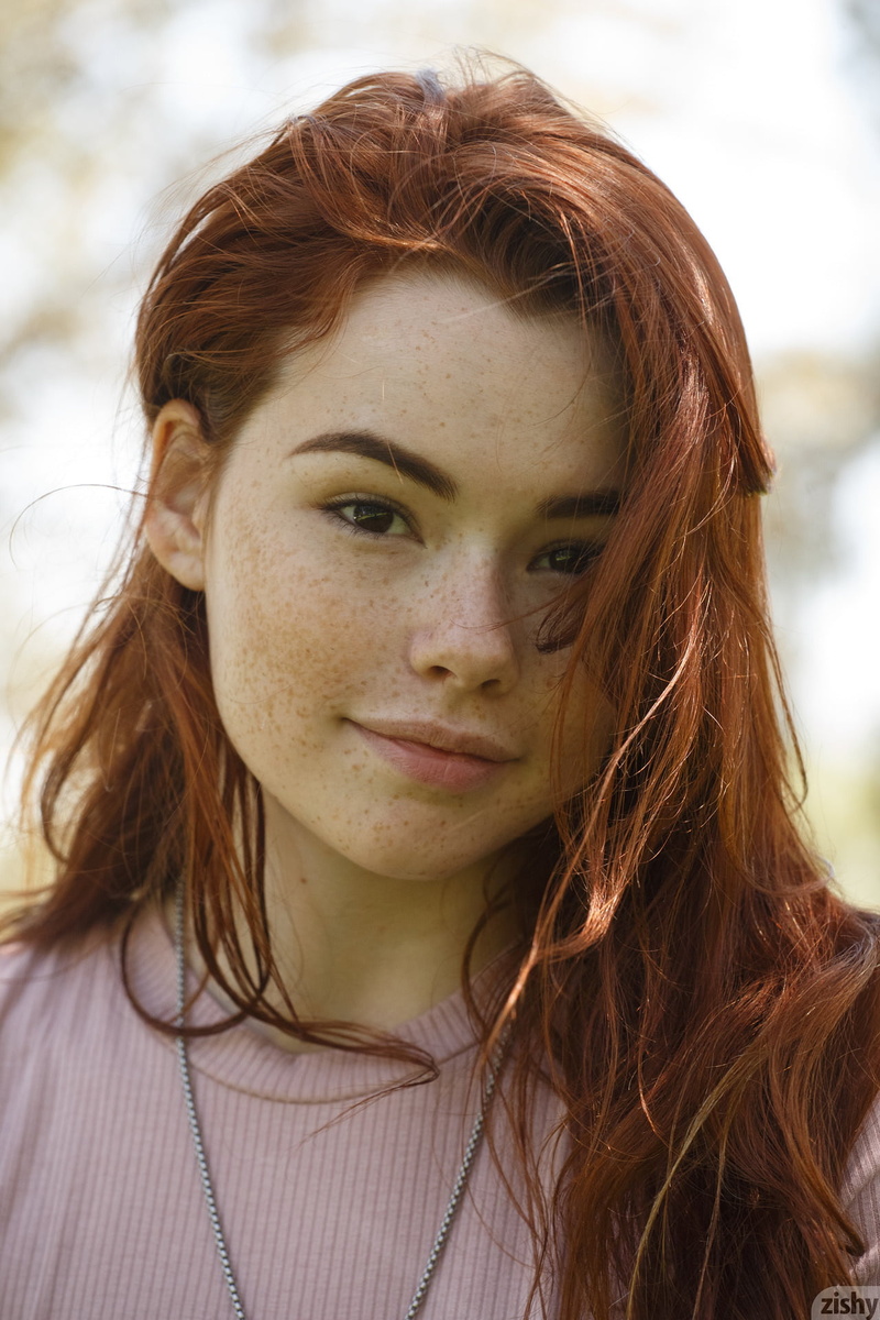 looking at viewer, Sabrina Lynn, portrait, redhead, hair in face, 1080P, smiling, zishy, women, freckles