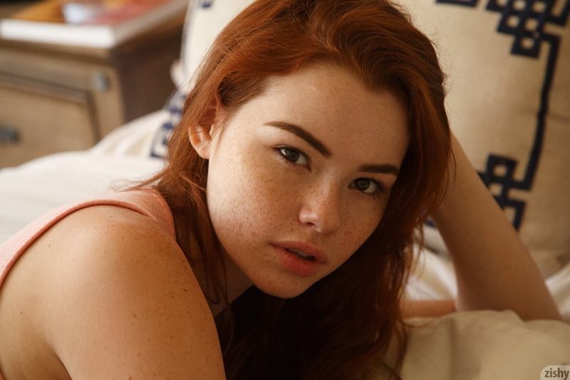 in bed, bare shoulders, women, pillow, Sabrina Lynn, redhead, face, looking at viewer, 1080P, freckles, zishy, model, long hair