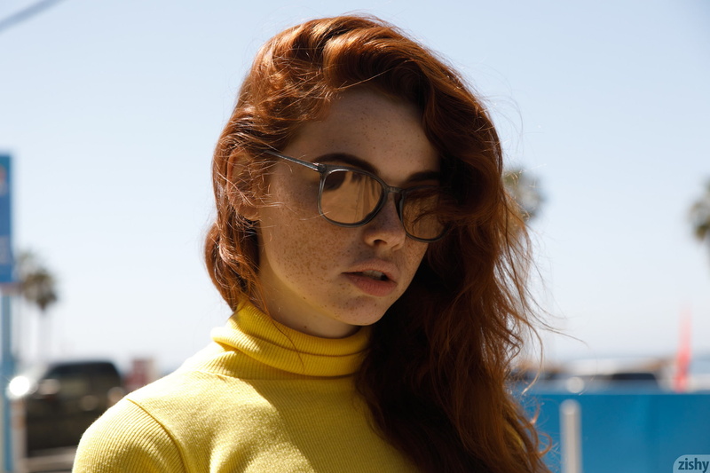 zishy, face, street, 1080P, santa monica, women, model, California, yellow tops, sunglasses, redhead, freckles, women with shades, open mouth, long hair