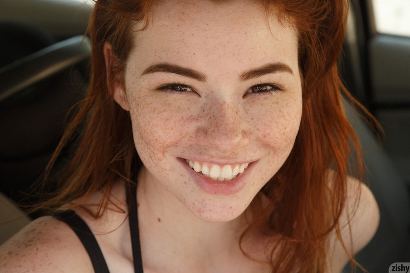 women, brown eyes, redhead, model, photography, freckles, long hair, face, zishy, Sabrina Lynn, 1080P, smiling
