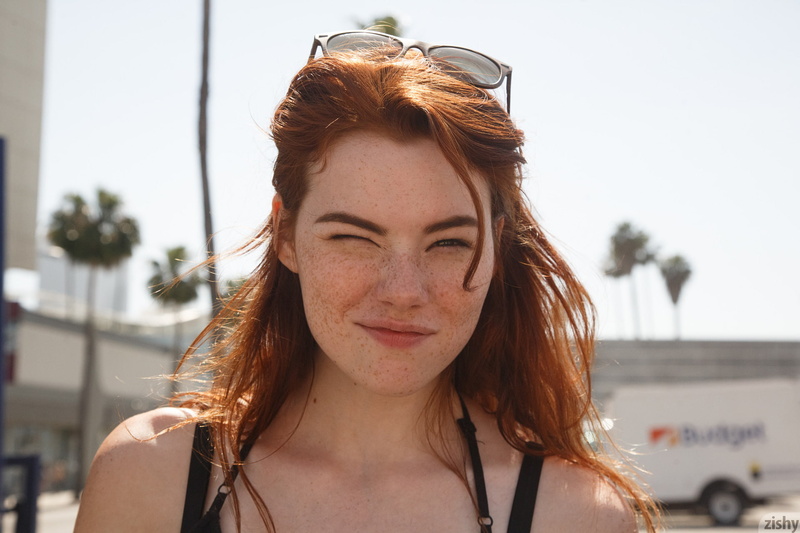 model, face, redhead, 1080P, women, women outdoors, wink, zishy, freckles, Sabrina Lynn, sunglasses