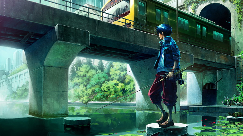 lifestyles, standing, water, built structure, uniform, 1080P, one person, transportation, nature, casual clothing, day, architecture, connection, anime